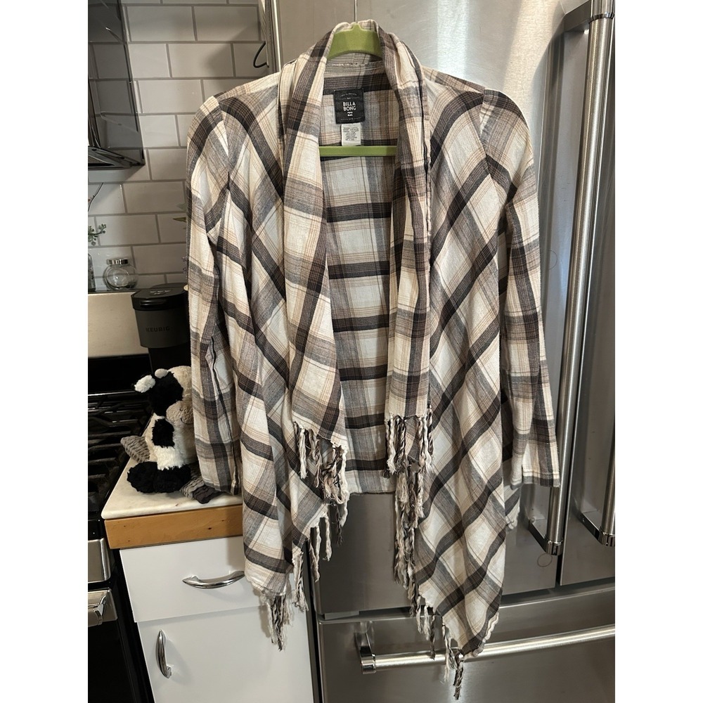 Billabong Womens Light Weight Plaid Open Cardigan SzS Fringe Hem